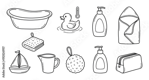 Collection of hand-drawn baby bathing essentials in a simple black line art style, featuring a bathtub, toy duck, soap, sponge, hooded towel, and other hygiene items