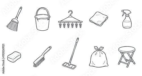 Set of hand-drawn cleaning supply illustrations with a broom, bucket, mop, sponge, and trash bag in a simple black and white line art doodle style for housekeeping concepts