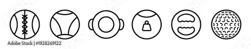 Six minimalist black outline icons for sports and fitness equipment, featuring a baseball, volleyball, weight plate, kettlebell, dumbbell, and a textured golf ball