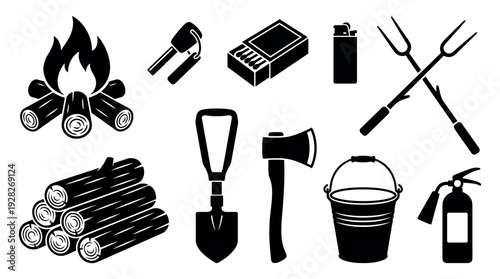 Set of black camping and bonfire icons including a campfire, firewood, axe, shovel, lighter, matches, roasting fork, and fire extinguisher for outdoor adventure and safety