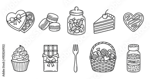 Set of hand-drawn sweets and desserts including chocolate, cake, macarons, and candy in a black and white line art illustration style for confectionery and bakery themes