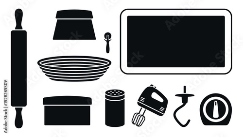 Set of black kitchen utensil icons for baking bread and pastries, featuring a rolling pin, hand mixer, proofing basket, timer, and dough scraper in a flat graphic style