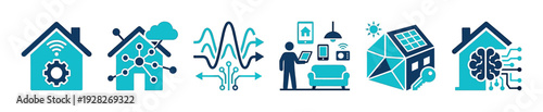 Set of smart home technology icons representing automation, connectivity, IoT, security, and artificial intelligence in a modern, flat, two-color vector illustration style