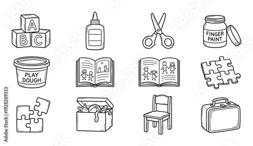 Set of black and white doodle icons for kindergarten and preschool, featuring school supplies and toys like blocks, scissors, paint, and a book in a simple hand-drawn sketch style