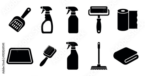 Black silhouette icons of cleaning and pet care tools including a scoop, spray bottles, lint roller, mop, and brush, presented in a simple, flat vector graphic style