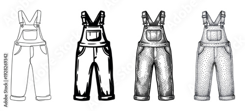 Denim bib overalls set illustrated in four different graphic styles: continuous one line art, bold brushstroke, vintage woodcut engraving, and stippling dotwork technique
