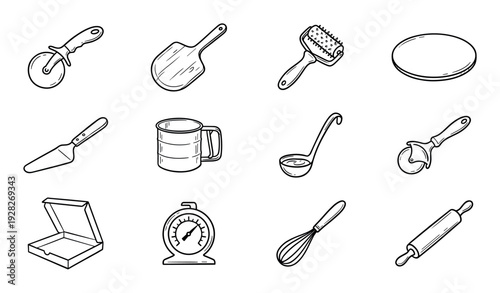 Collection of hand drawn pizza making tools and pizzeria equipment including a cutter, peel, rolling pin, and box, illustrated in a simple black and white doodle style