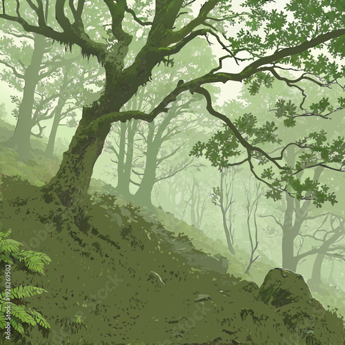 Enchanted, moss-covered ancient oak tree in a foggy, green forest with dappled sunlight and ferns.