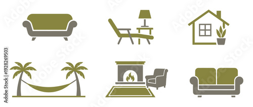 Set of six minimalist icons representing home comfort and vacation relaxation including a sofa, fireplace, house, and hammock in a two-tone color scheme