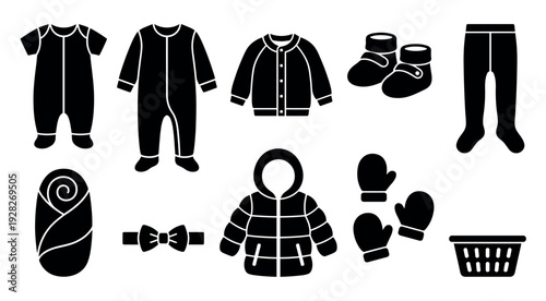 Set of black baby clothes icons featuring a romper, jacket, booties, mittens, and swaddle blanket in a minimalist glyph style for newborn and infant apparel concepts
