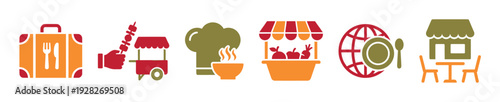 Set of six colorful flat icons representing food tourism, gastronomy, street food, international cuisine, local markets, and restaurant dining in a minimalist vector style