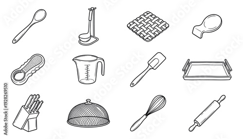 Collection of twelve black and white kitchen utensils drawn in a simple line art doodle style for cooking and baking concepts, including a whisk, spoon, and rolling pin