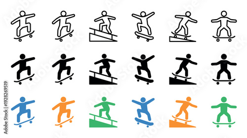 Set of minimalist skateboarder icons depicting various tricks and poses in three different styles: line art, solid black silhouette, and simple colorful vector illustrations