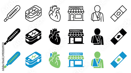 Set of medical and healthcare icons including a thermometer, pulse oximeter, heart, pharmacy, injured person, and bandage, presented in line, glyph, and color styles