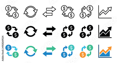 Financial transaction and economic growth icon set with symbols for currency exchange, money transfer, and investment charts, presented in line, solid, and color variations