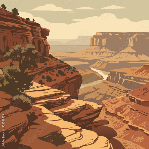 Majestic Grand Canyon vista at sunset, with layered rock formations, a winding river, and silhouetted desert plants.