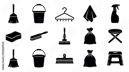 Set of black cleaning supply icons featuring a broom, bucket, mop, sponge, brush, spray bottle, and other household chore tools for domestic maintenance and tidying