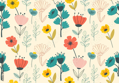 Cute hand drawn floral pattern with pastel leaves and flowers arranged in playful decorative layout