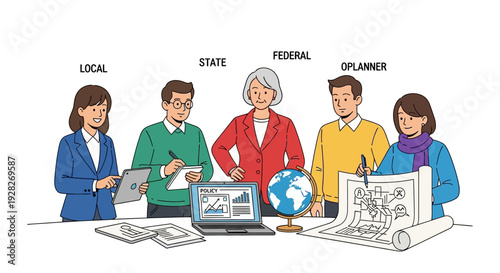 Diverse team collaborating on policy planning with laptop and documents