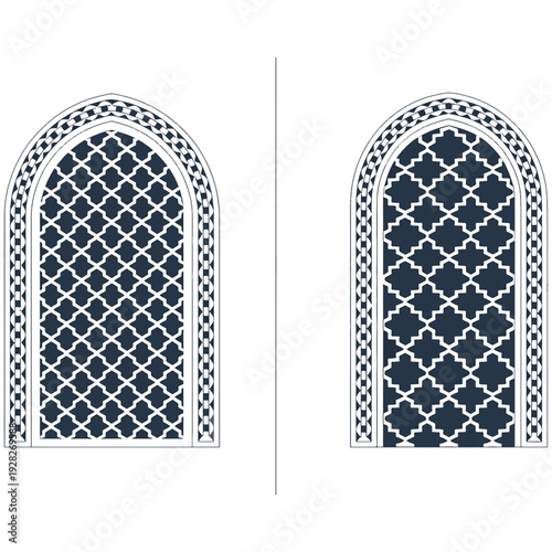 Gothic arched window with intricate lattice pattern and decorative stonework