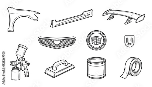 Set of car body parts and repair tools for automotive tuning and painting, including a fender, spoiler, grille, emblem, spray gun, and masking tape in a line art illustration style