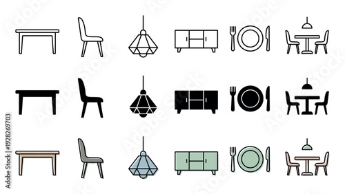 Collection of modern dining room icons featuring a table, chair, lamp, and sideboard in three graphic styles including outline, solid glyph, and colored illustration