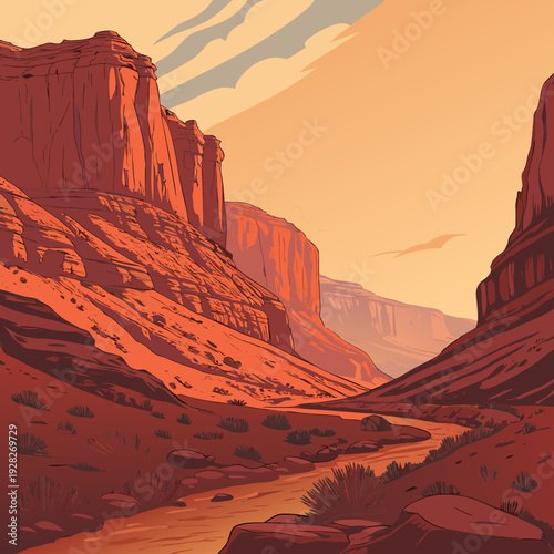 Artistic vector illustration of a sunlit canyon landscape with layered rock cliffs and a winding path.