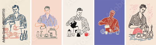 Hand drawn barista sketch making coffee at a cafe counter for coffee shop and artisanal concepts