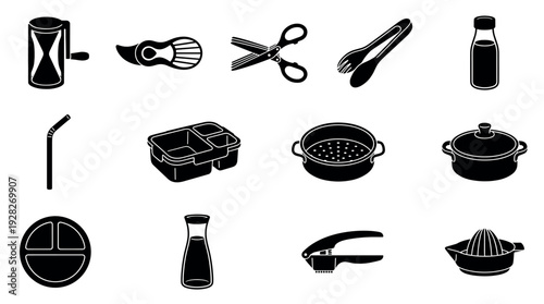 Collection of black kitchen utensil icons featuring a cooking pot, scissors, lunch box, juicer, and other cookware items in a minimalist glyph style for graphic design