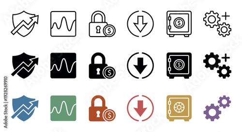 Set of business and finance icons in line, glyph, and color styles representing concepts of security, investment growth, savings, analytics, and financial management
