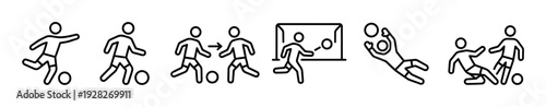 Set of black line icons depicting soccer players in various actions like kicking, dribbling, passing, scoring a goal, goalkeeping, and tackling in a minimalist pictogram style