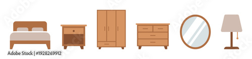 Set of wooden bedroom furniture icons including a bed, wardrobe, nightstand, dresser, mirror, and lamp, presented in a simple flat vector illustration style for interior design