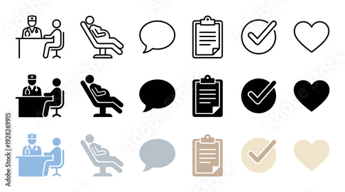 Medical and pregnancy icon set collection showing doctor consultation, patient examination, clipboard, checkmark, and heart symbols in line, glyph, and flat color styles