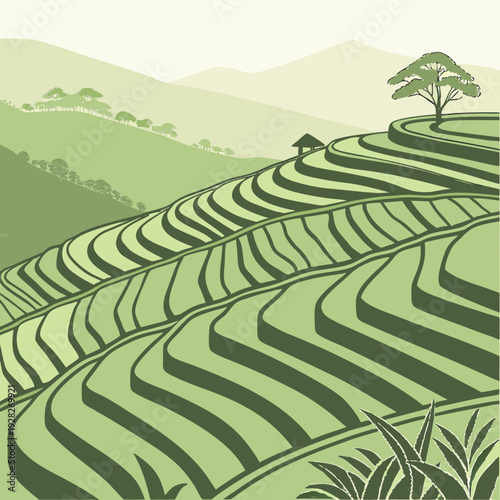 Stylized illustration of lush green rice terraces cascading down rolling hills under a serene, hazy sky with a distant tree and hut.