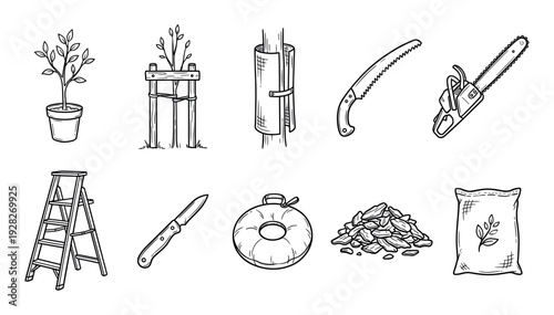 Hand-drawn black and white gardening tool icons for tree care, featuring a sapling, saw, chainsaw, ladder, mulch, and fertilizer in a clean doodle sketch illustration style