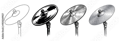 Set of four hi-hat cymbal illustrations showcasing different artistic techniques including continuous line drawing, bold ink, classic engraving, and modern stippling