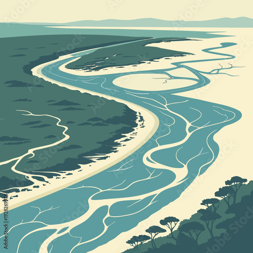 Aerial view of a meandering river delta with branching waterways flowing through lush green forests towards a serene blue sea.