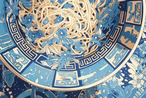 전통적인 청화백자 스타일의 화려한 파란색 꽃무늬 접시에 정갈하게 담긴 국수 요리를 위에서 내려다본 모습의 예술적인 일러스트레이션으로 동양적인 고전미와 현대적인 감각이 완벽하게 조화를 이루는 세련된 이미지입니다.