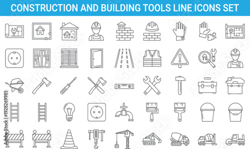 Construction and building tools line icons set, safety equipment, worker, architecture, repair, maintenance, industry, engineering, hardware symbols collection
