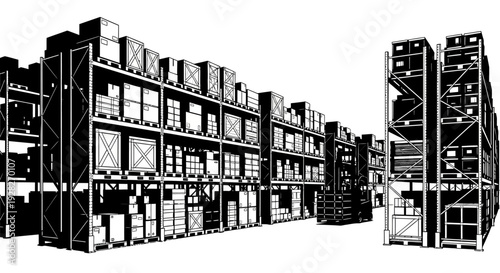 Warehouse storage racks filled with cardboard boxes illustration