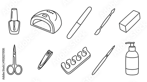 Set of manicure and pedicure tools including a nail lamp, polish, file, and clippers in a simple black and white line art doodle style illustration for beauty and self-care concepts