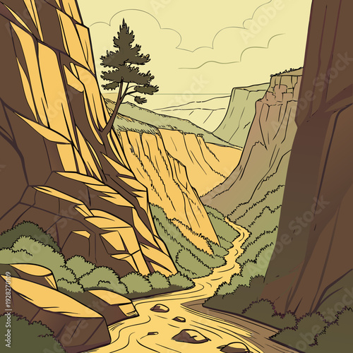 Artistic depiction of a winding river flowing through a majestic canyon with colorful rock layers, a lone tree clinging to a cliff.