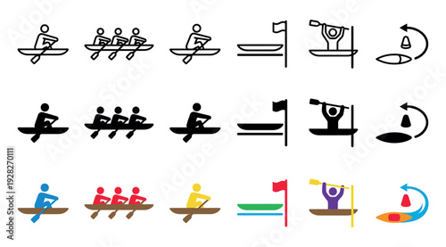 Set of canoeing and kayaking icons showing various water sport activities like team rowing, racing, and turning, presented in three different styles: outline, solid black, and color