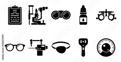 Set of black glyph icons for ophthalmology and optometry representing vision care equipment and medical examination tools for eyesight testing and diagnostics in a flat design