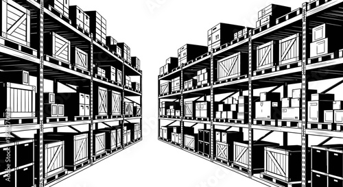 Warehouse interior illustration shelves filled with boxes for storage and distribution