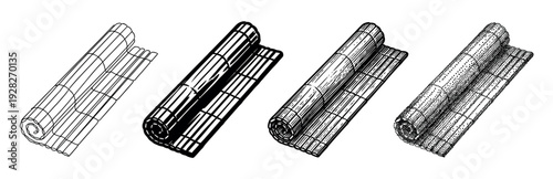 Four bamboo sushi rolling mats in different artistic styles including line art, solid silhouette, detailed hatching, and stippling, presented as a black and white graphic set