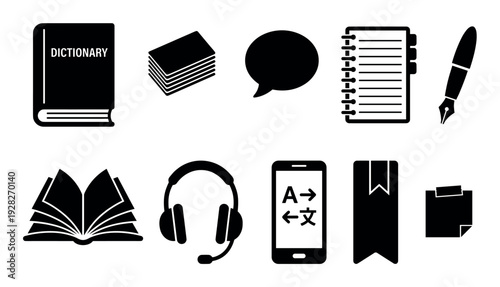 Set of black language learning icons including a dictionary, notebook, pen, headset, and smartphone for translation, presented in a clean, minimalist graphic style