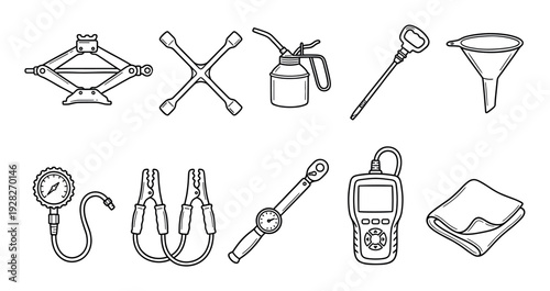 Collection of car repair and maintenance tools including a jack, wrench, and oil can, hand-drawn in a simple black and white line art doodle style for automotive service concepts