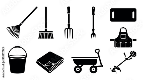 Set of black gardening tool icons featuring a rake, broom, pitchfork, bucket, cart, and trimmer in a minimalist glyph style for landscaping or agricultural concepts