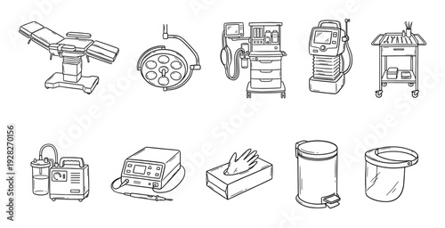 Collection of medical equipment illustrations for an operating room, including a surgical table, lamp, anesthesia machine, and ventilator, drawn in a simple black and white line art style